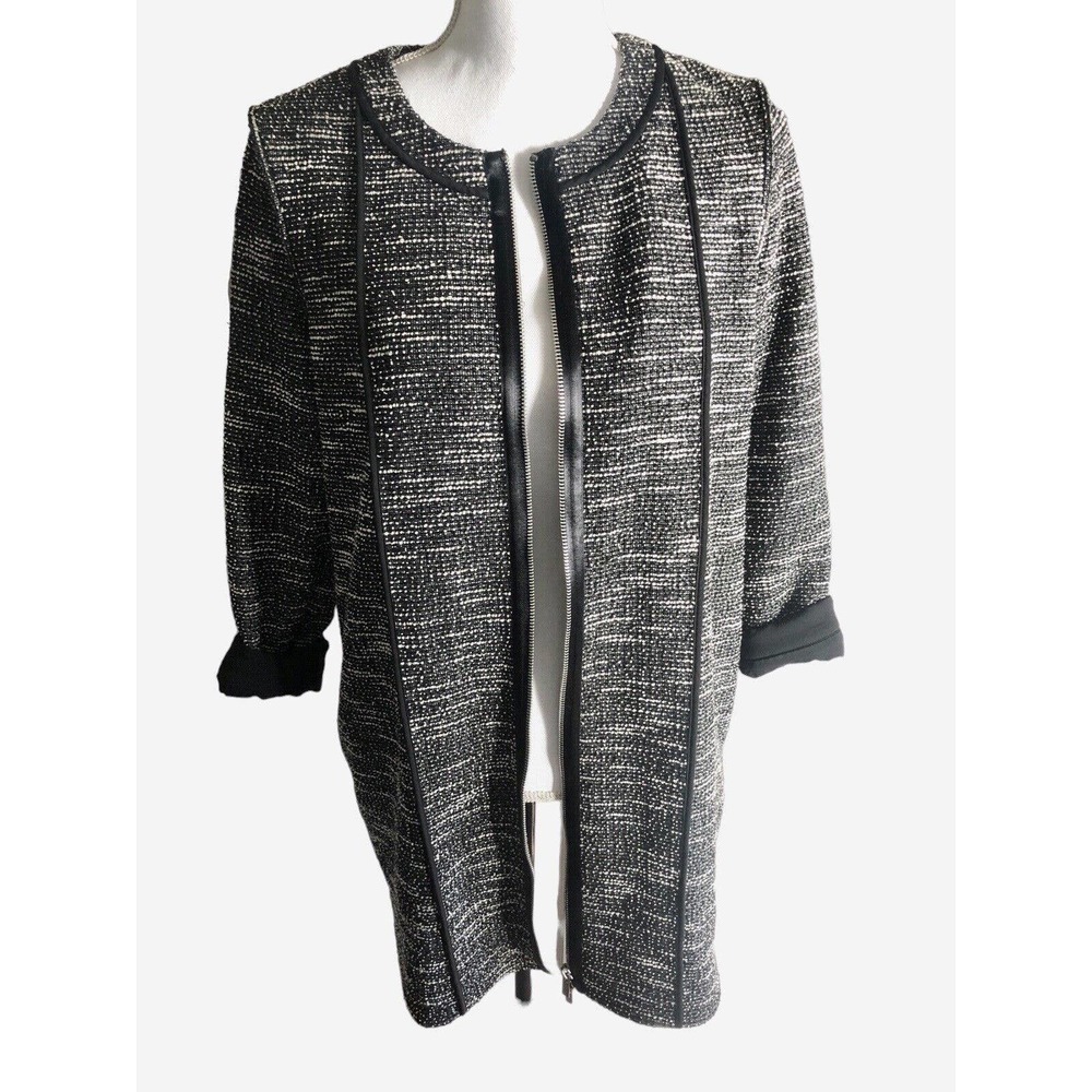 Club Monaco Long Boucle Knit Black White Zip Blazer Leather Look‎ Satin Trim M